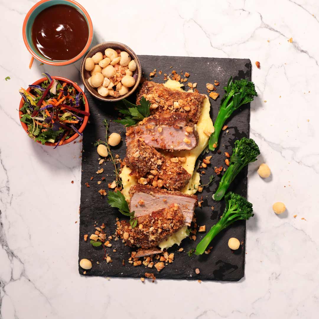 Pork Crackle and Macadamia Encrusted Pork